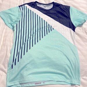 Teal, Black, and White Patterned Short Sleeve Crew Neck T Shirt - Medium